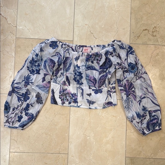 Banjanan Vivian top Blue Puff Sleeve Smocked Blouse small NWT